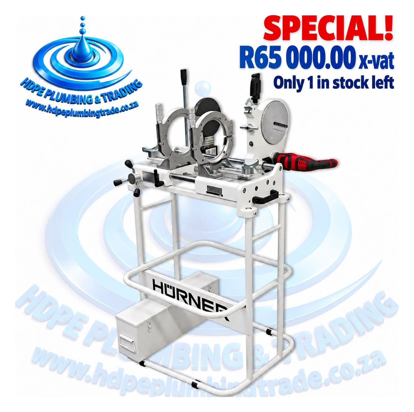 Hürner butt-fusion welding machine on a white stand. The frame is marked HÜRNER.